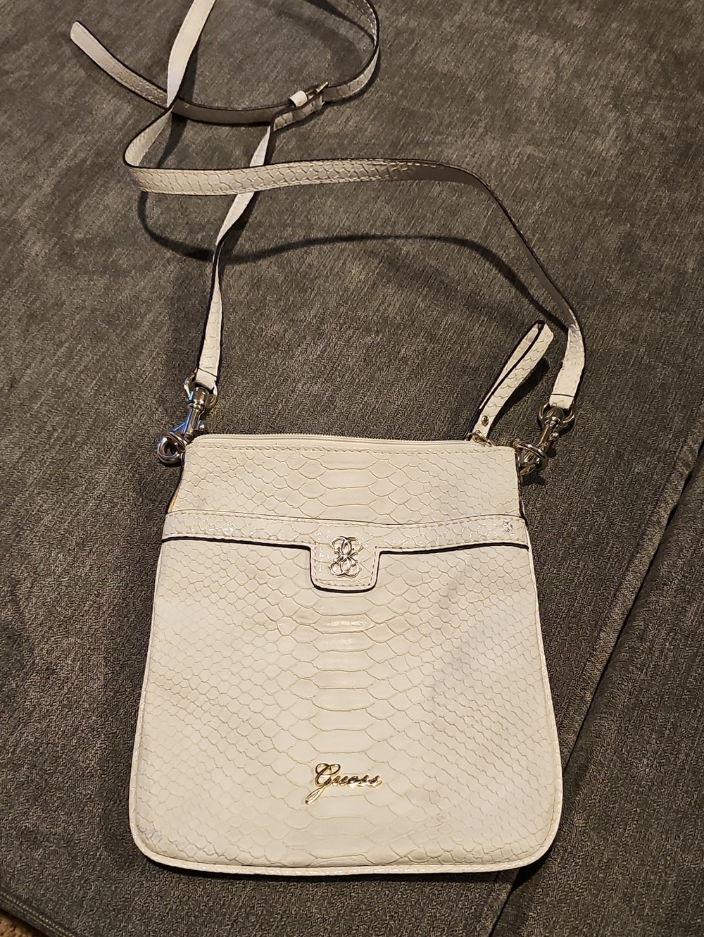 Guess Cream Faux Snake-Embossed Crossbody with Gold Hardware